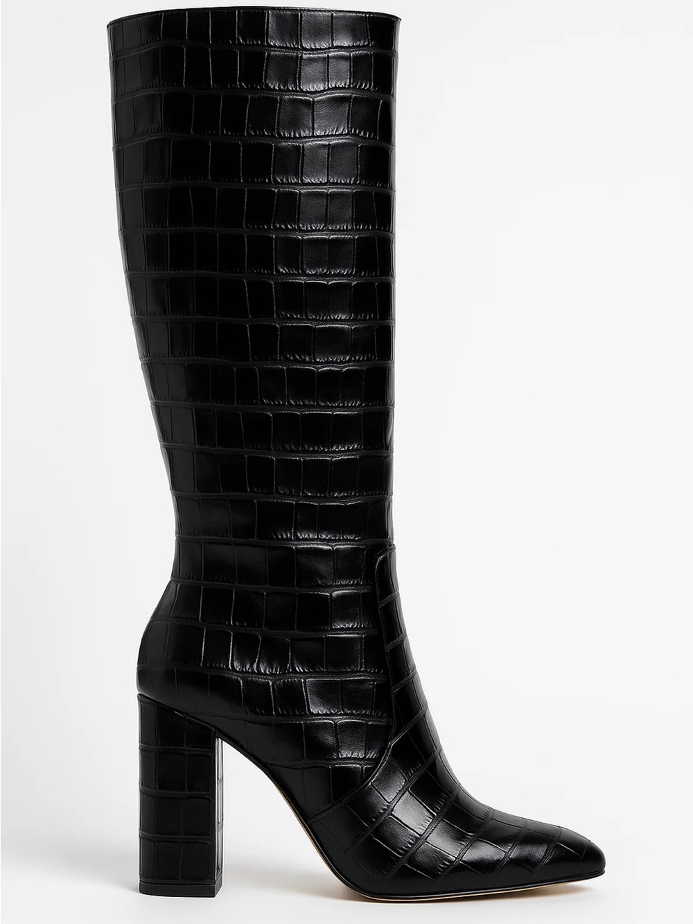Black Croc-Embossed Knee-High Block Heel Boots